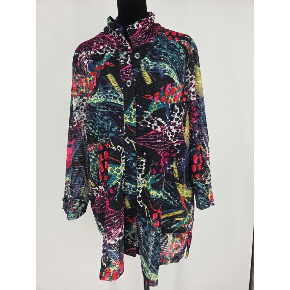 Ali Miles Mesh Top XL Black Pink Floral Sheer  Wearable Art‎ to Wear Shirt Top